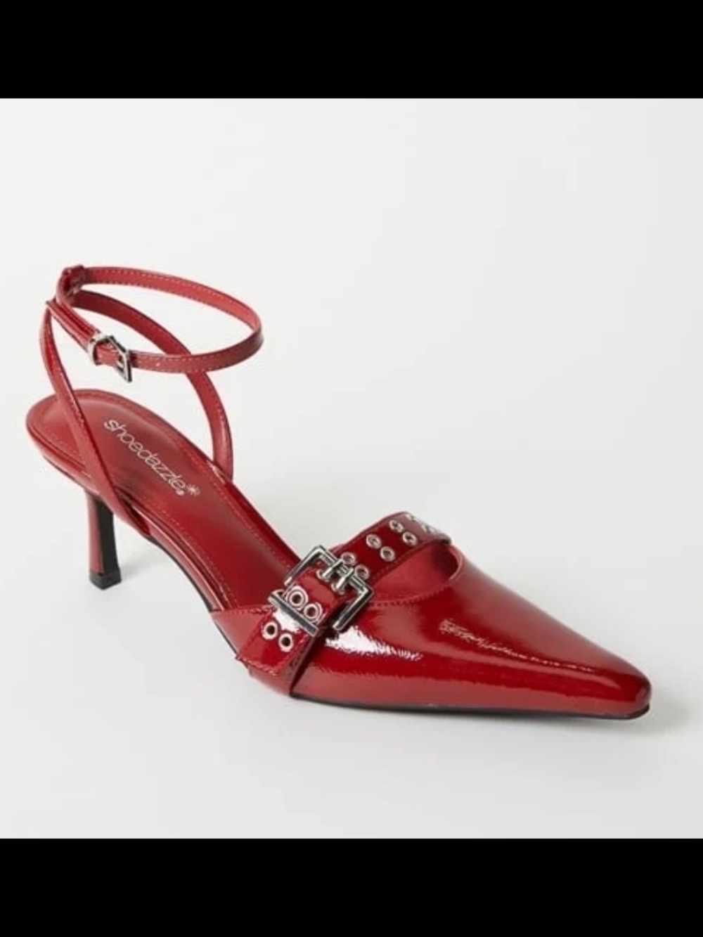 Shoe Dazzle Red Patent Pointed Buckle Ankle-Strap Pump